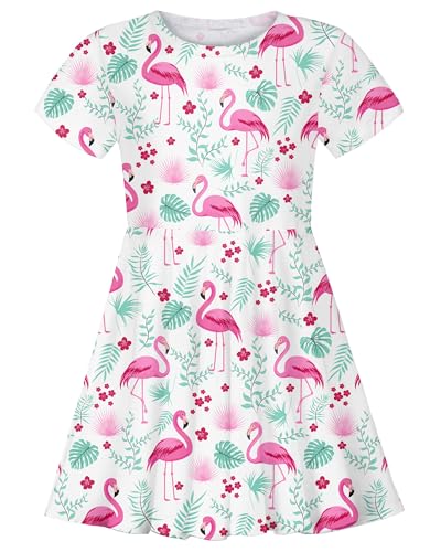 ALISISTER Hawaiian Flamingo Dress for Girls Toddler 6T Sundress Birthday Party Outfits Short Sleeved Twirl Dresses Playwear Size 5-6 Years