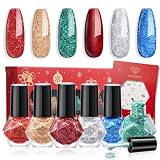 modelones Christmas Nail Polish Set 6 Colors, Red Green Burgundy Gold Silver Blue Glitter Quick Dry...
