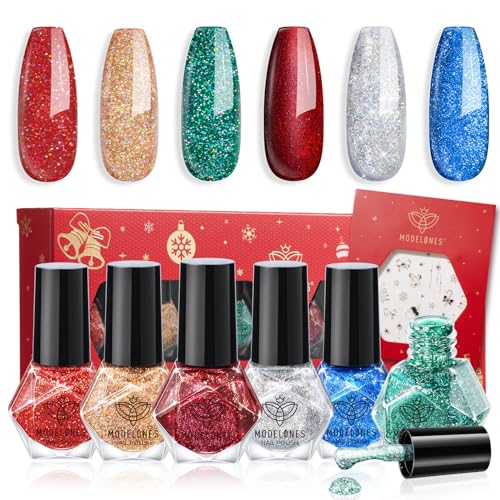 modelones Christmas Nail Polish Set 6 Colors, Red Green Burgundy Gold Silver Blue Glitter Quick Dry Mini Nail Lacquer Kit with Stickers, Winter Nail Art Manicure New Year Gift for Girls Women