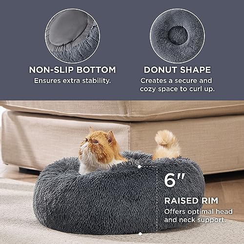 Bedsure Calming Cat Beds For Indoor Cats - Small, Washable 20 Inches, Anti Anxiety Round Fluffy Plush Faux Fur Pet Bed, Fits Up To 15 Lbs Pets, Dark Grey #TOP2