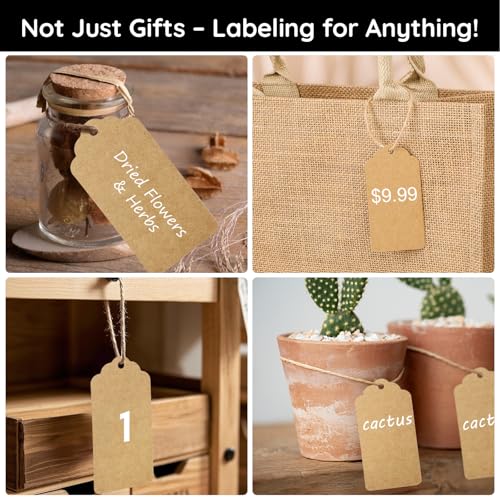 Segarty 200PCS Brown Craft Tags, Thanksgiving Tags for Gift Bags, Personalized Card Stock Gift Tag with Hole, Kraft Paper Labels with String for DIY Arts Crafts, Wedding Birthday Christmas - Thumbnail 7