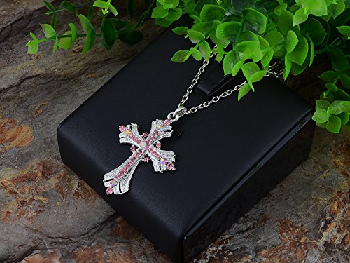 Image of Alilang Silvery Tone Religious Cross Pendant Necklace w /Aquamarine Blue Or Clear Crystal Rhinestones