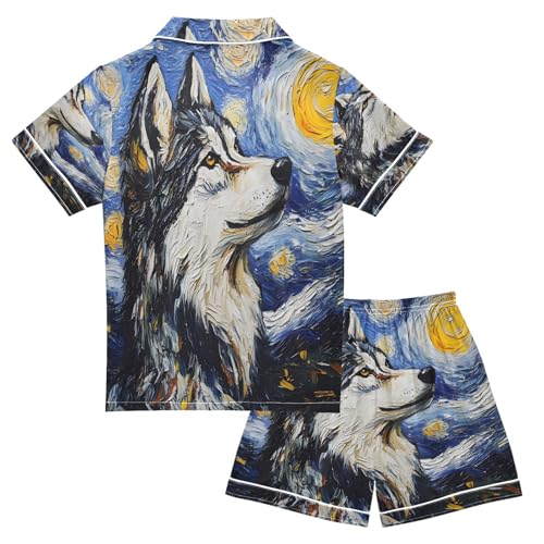 ALAZA Van Gogh Starry Sky Wolf Satin Pajamas Set Short Sleeve Button Down Sleepwear Summer Pjs 2 Piece2