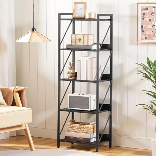 Image of HOOBRO Bookshelf, 5-Tier Industrial Bookcase, Book Shelf Storage Organizer, Tall Bookshelf with Metal Frame for Living Room, Bedroom, Home Office, Kitchen, Black BB73SJ01
