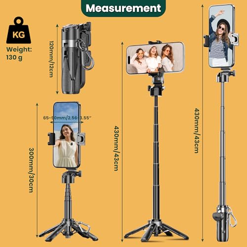 Image of WeCool Pocket Selfie Stick Tripod - Extends to 17 inch, One-Click Auto Open Legs, 5-Section Aluminum Pole, 360 Rotating Holder, Rechargeable Bluetooth Remote for Travel & Vlogging