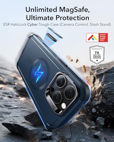 Image of ESR for iPhone 16 Pro Phone Case with Stand, 23ft Military-Grade Drop Protection with Camera Control, Shock-Absorbing Rugged Cover, Compatible with MagSafe Accessories, Cyber Series, Navy Blue