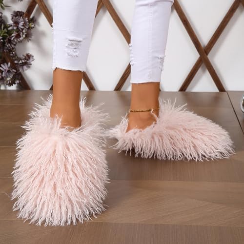 Image of Unisex Fuzzy Faux Fur Slippers, Women's Fluffy Long Hair Sheep Faux Fur Slip on Slides, Girls Luxury Big Fluffy Outdoor Flat Slippers, Long Curly Hair Non-Slip Warm Home Slide Shoes