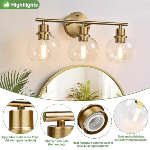 Image of Indoi 3-Light Bathroom Light Fixtures, Brushed Brass Bathroom Lights Over Mirror with Clear Glass Globe Shade, Vanity Lights for Bathroom Kitchen Living Room Hallway Cabinet Bedroom Porch