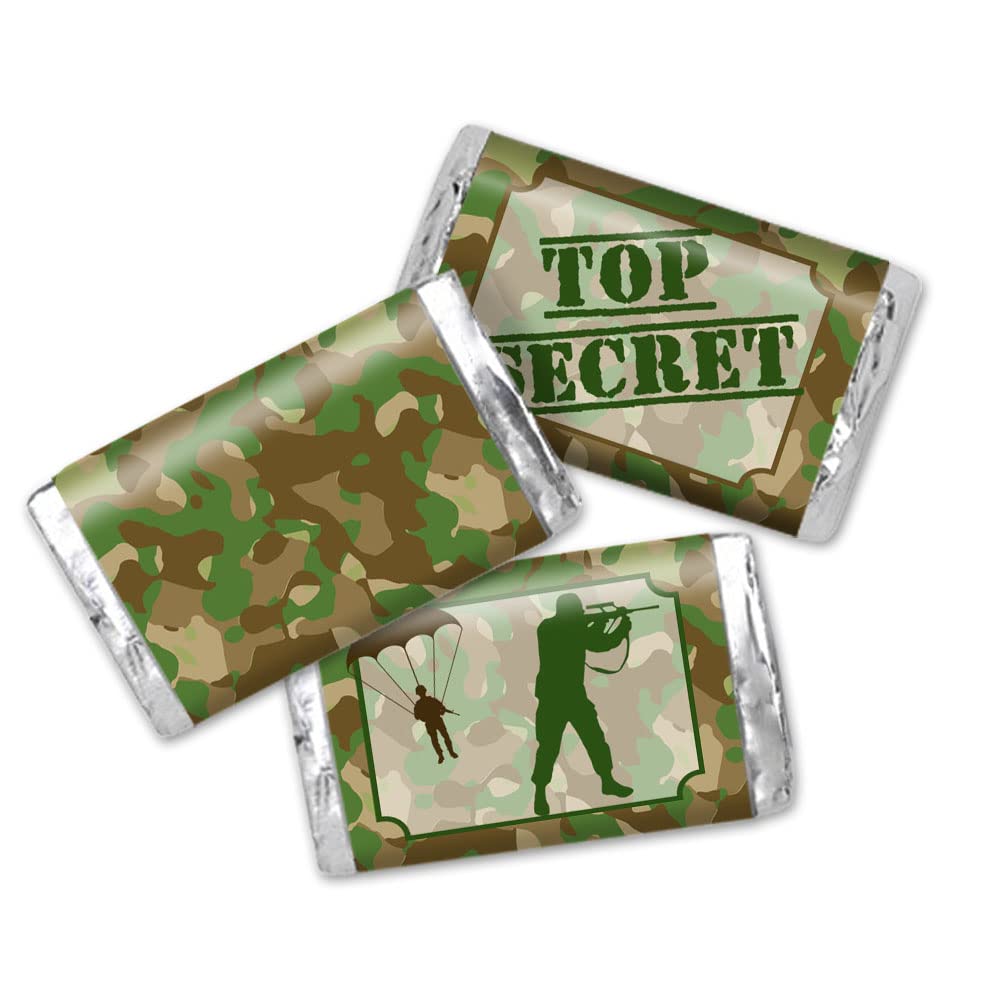 Amanda Creation Top Secret Camouflage Army Soldier Theme Birthday Mini Chocolate Candy Bar Sticker Wrappers for Kids, 45 Count 1.4 x 2.6 Inch Wrap Labels, Military Party Favors, Made in USA