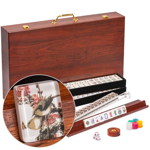 Yellow Mountain Imports American Mahjong Set, Little Birdie with Wooden Case, Wooden Racks with Acrylic Pushers, Wright Patterson Scoring Coins, Dice, & Wind Indicator