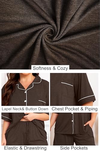 Image of Vozanet Women Plus Size Pajamas Button Down Rayon Softness PJS Classic Sleepwear Short Long Loungewear 2pcs with Pockets