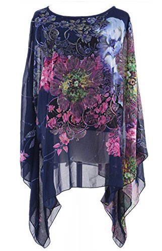 Uplife Women's Loose Batwing Sleeve Tops Flower Bohemian Chiffon Blouse T Shirt Tops (One Size, Blue&Purple)