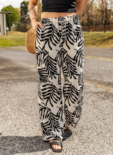 Casual Women Floral Wide Leg Summer Pants with Pockets Vacation Loose High Waist