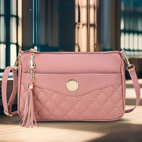 Image of SHAMRIZ Korean Style Quilted Sling Bag for Girls | Cute Heart Pattern Crossbody Purse with 3 Zipper Compartments | Fancy Tassel Side Bag for Party, Wedding & Gifts | Mini Slingbag /One Side Bag