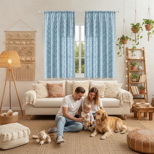 Image of Boho Curtains 63 Inch Long for Living Room, Bedroom, 2 Panels Floral Farmhouse Vintage Tassel Semi Sheer Light Filtering Privacy Window Curtain Drapes with Rod Pocket,Dusty Blue