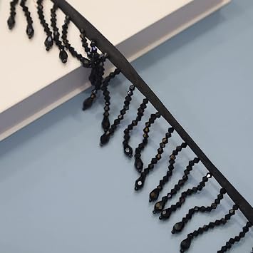 Yalulu 2 Yards Handmade Beaded Hanging Tassel Fringe Trim, Crystal Beads Tassel Fringing Trimmings for Sewing Craft Clothing Accessories Black