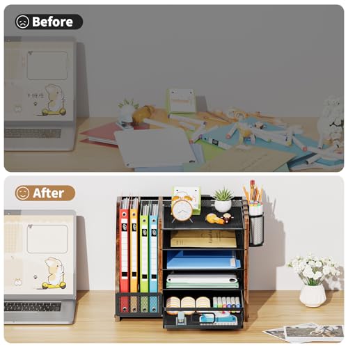 Image of Marbrasse Desk Organizer with File Holder, 5-Tier Paper Letter Tray Organizer with Drawer and 2 Pen Holder, Mesh Desktop Organizer and Storage with Magazine Holder for Office Supplies (Wood-Brown)