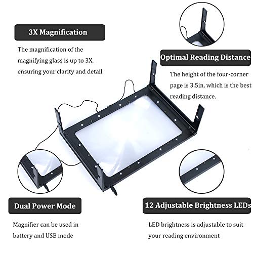 3X Full Page Magnifying Glass for Reading, Hands-Free Large Rectangular Magnifier with LED Lighted, Foldable Desktop Portable Reading Magnifier for Low Vision, Seniors with Aging Eyes - Thumbnail 4
