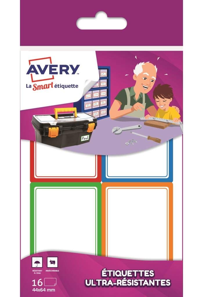 AVERY Lot de 3 RES16s - 1 sachet de 16 étiquettes ultra-​résistantes rectangulaires - 44 x 64 mm