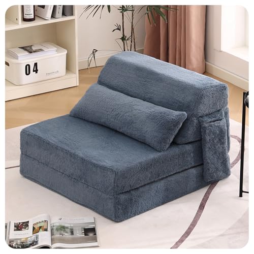 Image of Tiita Convertible Folding Sofa Bed Single Size for Adults with Pillow, Plush Fabric Floor Mattress Couch Bed, Washable Cover & Side Pocket, Guest Room, Dorm, Apartment, Living Room, Blue Gray