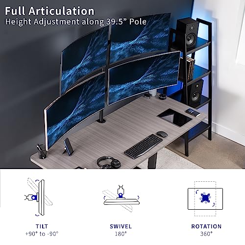 Image of VIVO Premium Quad Ultra Wide LCD LED 27 to 38 inch Monitor Desk Mount, Heavy Duty C-clamp, Extra Tall Pole, Adjustable Telescoping Arms, Flush Wall Setup, Fits 4 Screens, Black, STAND-TS38C-4