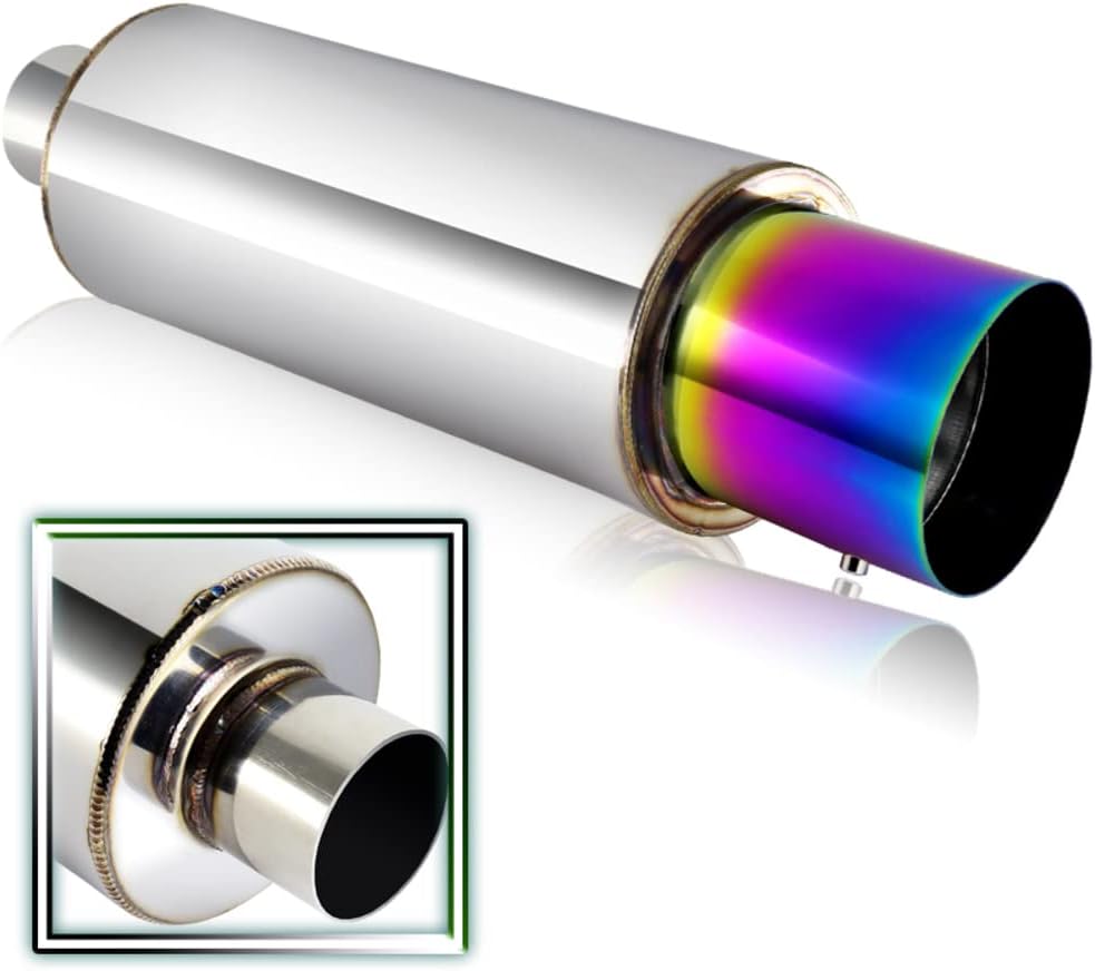 Q1-TECH, Universal 4" Rainbow Burnt Tip JDM N1 Style Muffler Hi Flow Stainless Steel Weld-On 2.5" Inlet, Muffler, Removable Silencer Pre-attached, Deep and Smooth tone
