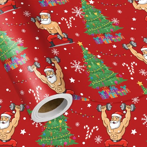 LeZakaa Funny Christmas Wrapping Paper, Santa Lifting Weights Christmas Trees, Bodybuilder Santa Xmas Aesthetic Red Design for Holiday Presents, Gag Gifts, Party Decor, Mini Roll 17 in x 16.4 Feet