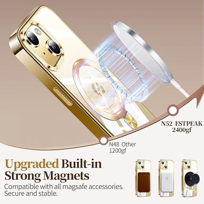 Image of ESTPEAK Titanium Gold CD Mag-Stand Case for iPhone 14 Case, iPhone 13 Case with Invisible Magnetic Ring, [Fit for MagSafe] [Never Yellowing] Top Clear Phone Case Cover for iPhone 13 /14 6.1 inch Men Women