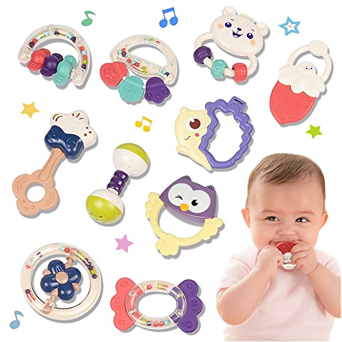 Image of Woby 10pcs Baby Toys Rattles Set, Toddlers Chewing Teething Toys Grab Shaker Hand Bells and Spin Rattle Musical Toy Playset Early Educational Gift Toys for Baby Newborn Infant 6-12 Months
