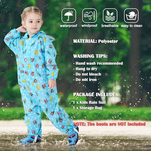 Image of Fewlby Toddler Rain Suit for Boys Girls Kids Raincoats With Hood One Piece Baby Rain Jacket Waterproof Coverall 1-10 Years