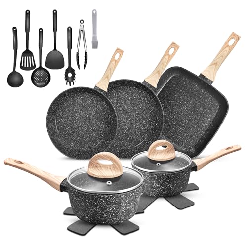 GTYZZH Pots and Pans Set Non Stick, 19 Piece Induction Hob Pan Set, Black Granite Non-Toxic Healthy Kitchen Cookware Set Suitable for All Hobs, PFOA PFOS Free