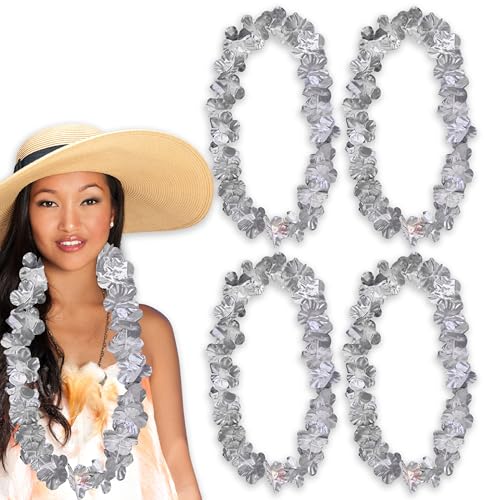 Image of Premium 4 Pieces Metallic Hawaiian Mala Garland Flower Necklace Luau Leis (Free Size) (Moon Silver)