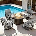 Gotland 5 Piece Patio Set, Aluminum Outdoor Swivel Chairs Set with 48’’ Round Fire Pit 5.1’’ High-Resilience Seat Cushions 29.5" Deep Seating, Metal Patio Furniture Set Patio Conversation Sets, Grey