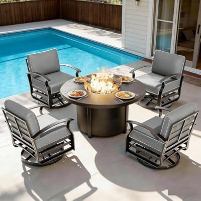 Gotland 5 Piece Patio Set, Aluminum Outdoor Swivel Chairs Set with 48’’ Round Fire Pit 5.1’’ High-Resilience Seat Cushions 29.5" Deep Seating, Metal Patio Furniture Set Patio Conversation Sets, Grey