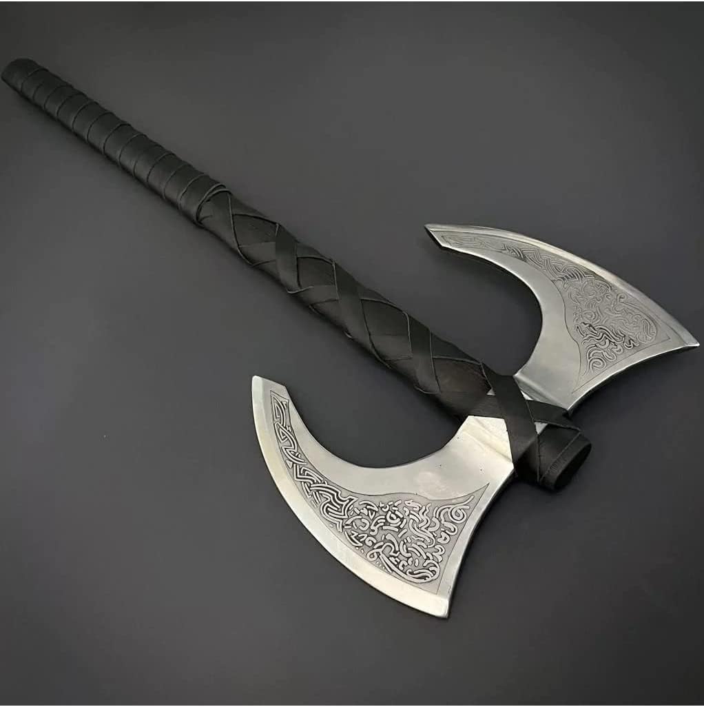 [Viking Reality Crafts] Viking Double Headed Axe – 30’’ Medieval Double Edge Battle Axe with Ash Wood Handle | Gift & Role Play Axe, Black (Viking Double Head Axe)