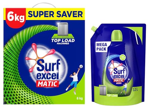 Image of Surf Excel Matic Top Load Detergent Washing Powder 6 Kg & Liquid Detergent 3.2 L Refill, Designed For Tough Stain Removal On Laundry In Washing Machines - Mega Pack