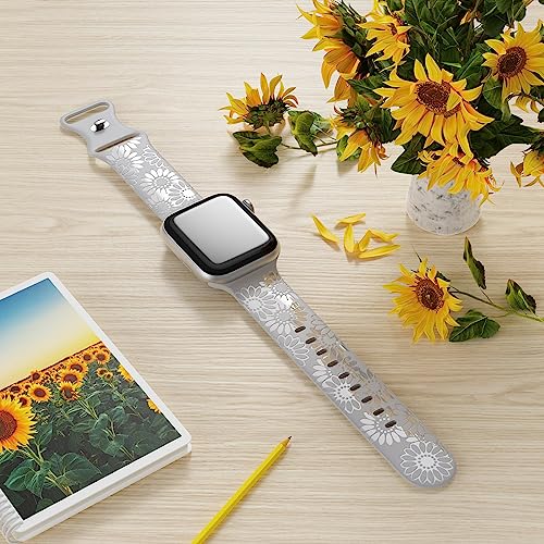 Image of Sunflower Engraved Band Compatible with Apple Watch Bands 38mm 40mm 41mm 42mm 44mm 45mm 49mm Women, Designer Soft Glossy Floral Silicone Strap for iWatch Series Ultra 11 10 9 8 7 6 SE 5 4 3 2 1