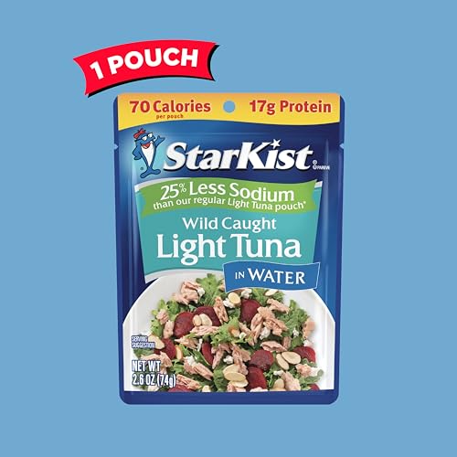 Image of StarKist Light Tuna in Water 25% Less Sodium Pouch (2.6 oz) Ready to Eat, Wild Caught, High Protein Shelf Stable Seafood, Gluten Free, Soy Free, No Draining for Salads and Sandwiches (Pack of 6)