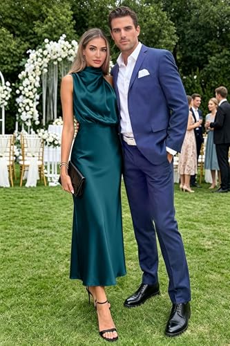 Image of Women's Satin Maxi Dress Summer Formal Wedding Guest Cocktail Dress | Mock Neck Sleeveless,Elegant Silk Midi Long Dress,High Neck,Halter,Aline,Bridesmaid,Bridal Shower Guest,Garden Party,Dinner