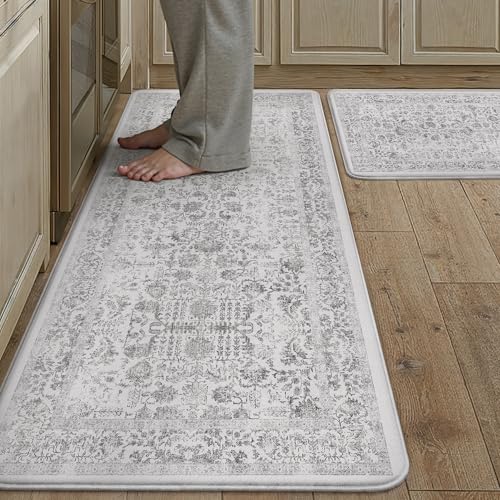 Kitchen Mats 2PCS Anti Fatigue Cushioned Mat Black Vintage Kitchen Mats for Floor Waterproof Non Slip Comfort Standing Retro Floral Rug for Sink Laund