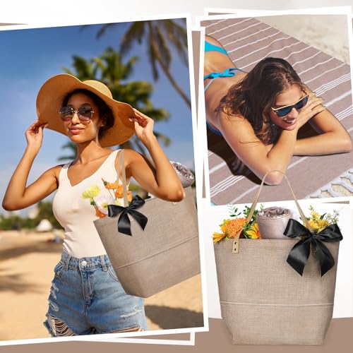 Image of Shinylin Straw Tote Beach Bag and Beach Towel Jute Burlap Travel Waterproof Handbag Bag with Pool Towels for Women