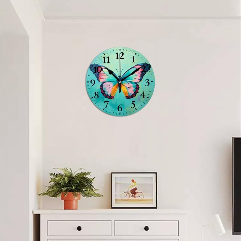 Quartz Wall Clocks Non-Ticking Silent Battery Operated Modern Wall Clocks Decorative for Home,Bedroom-Beautiful Colorful Butterfly with Wings Spread Wide(12inch)