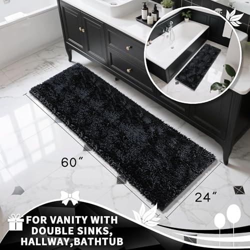 Image of Yimobra Long Bathroom Rugs Runner 60x24 Inch, Extra Thick Soft Absorbent Chenille Bath Mat, Non Slip Machine Washable, Quick Dry Bath Rugs for Bathroom Floor, Tub and Shower, Black