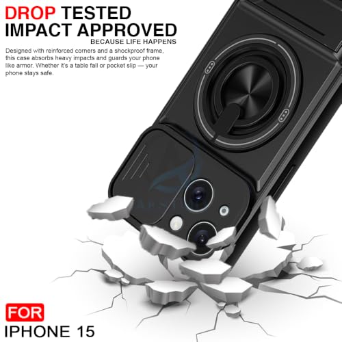 Image of AESTMO iPhone 15 Back Cover | Armor Camera Slider 360 Degree Rotating Finger Ring Holder Case with Bracket Stand Back Case Cover (Compatible with MagSafe Accessories) (Black)