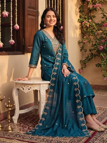 Image of INDO ERA Women's Silk Blend Embroidered Thread Work Kurta & Pant with Dupatta Set | Suit Set For Women