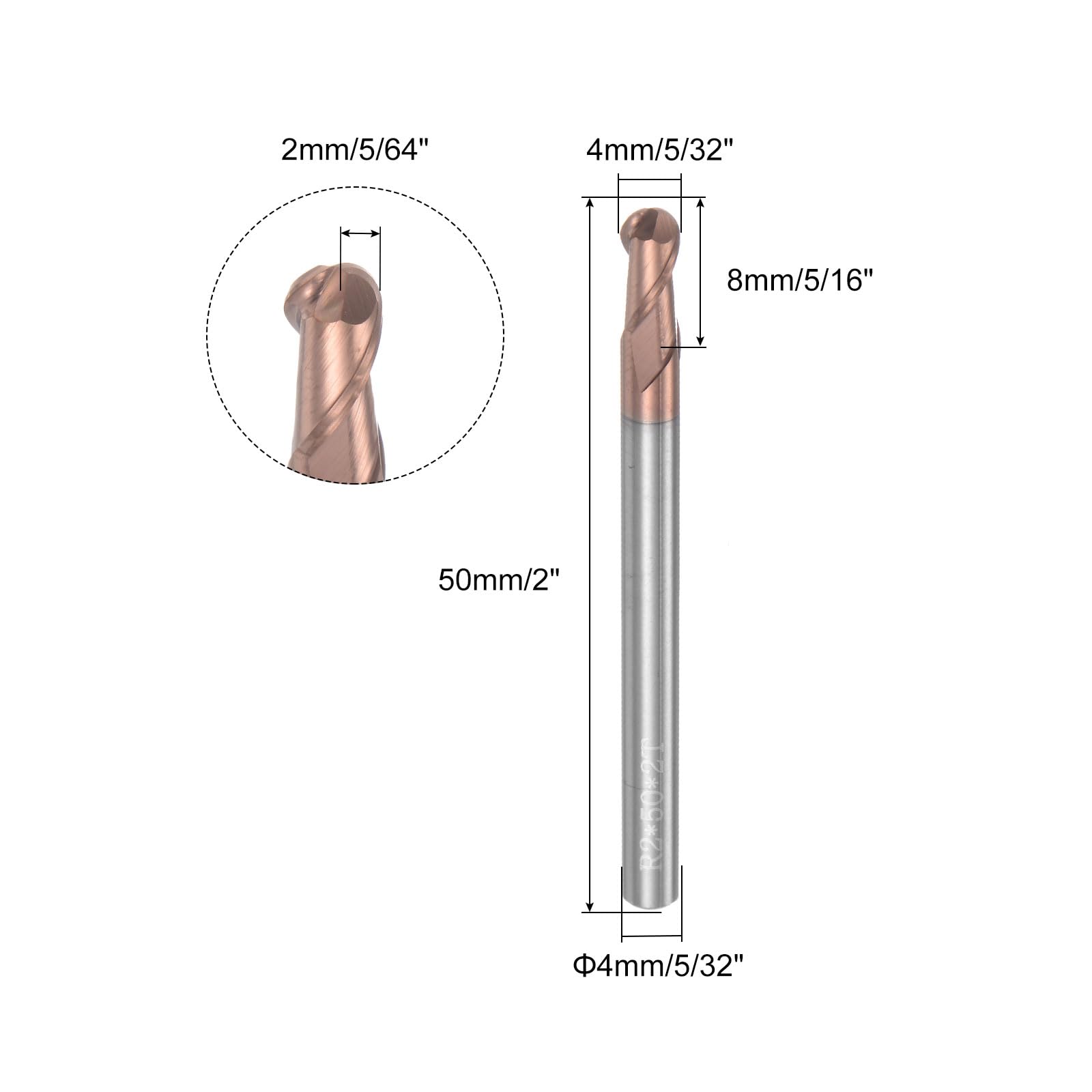 QUARKZMAN 2Pcs Fraises à Bout Sphérique pour Fraiseuse Cnc, Rayon de 2 mm (5/64") en Carbure de Tungstène Revêtu de Tisin, 2 Flûtes Hrc55, Diamètre de 4 mm (5/32"), Queue de 4 mm (5/32")