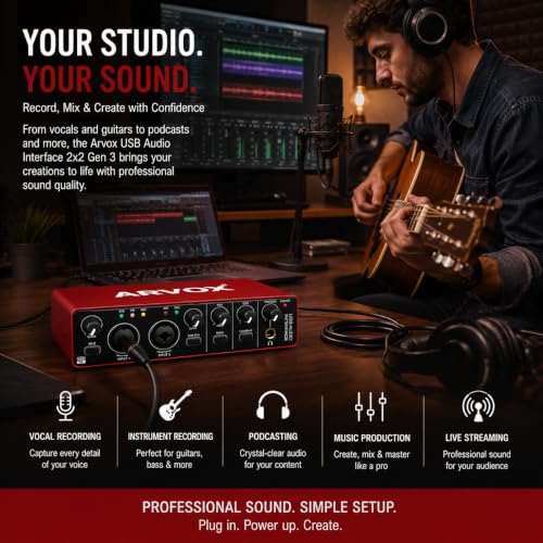 Image of Arvox Audio Interface 2x2 Gen 3 | Premium Mic Pre-Amps | 48V Phantom Power Support | 24bit /192kHz High Fidelity Recording | XLR /MIC /LINE inputs | Plug & Play-No Drivers | Metal Body | Red (GEN3)