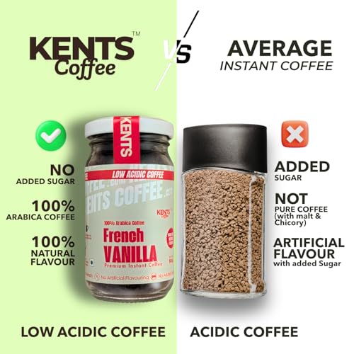 Image of Kents Coffee French Vanilla Instant Coffee | 100% Arabica | LOW ACIDIC COFFEE | Serve HOT & COLD | Smooth & Aromatic Vanilla Flavoured Instant Coffee Powder | Crafted with Natural Vanilla Beans | Chikmagalur | Medium Roast | No SUGAR | No Artifical Flavour ( 50 g Jar)