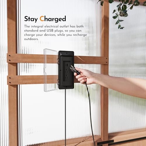 Image of Modern Shade EverBloom 6.5'x8' Wooden Greenhouse, 8' Extra-Tall Cedar Wood Greenhouse with Built-in Outdoor Faucet Kit, Heavy Duty Greenhouse with Built-in Shelving, Power Strip & Ventilation System