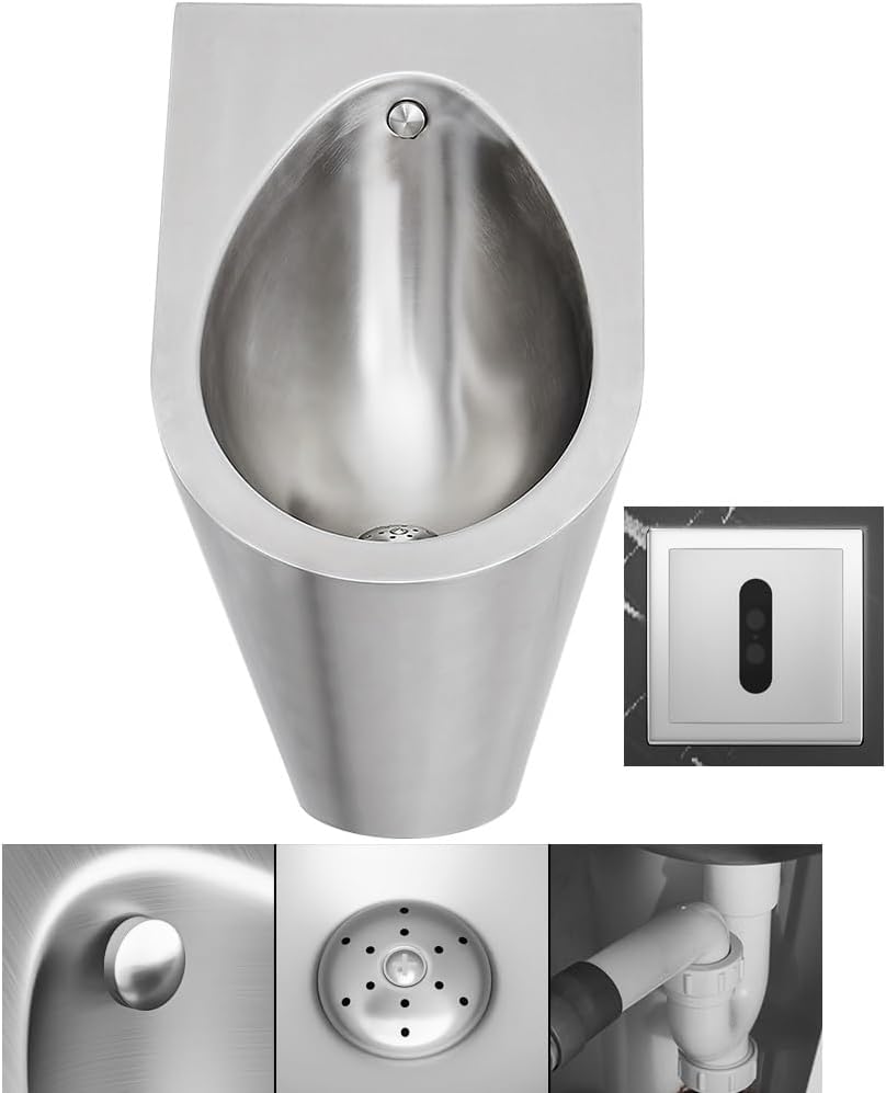 Wall-Mounted Urinal With Sensor, 304 Stainless Steel Men's Flushing Urinal, Commercial & Household Use, Anti-Overflow Design, Touch-Free Flushing Six Styles （silver）(F)